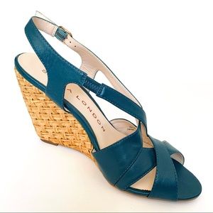 Sacha London Turquoise Leather with Basket Weave Wedge Sandals